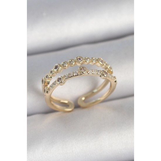 Pirinç Gold Renk 2'Li Sıralı Zirkon Taşlı Ayarlanabilir Model Kadın Yüzük - TJ-BYK3743