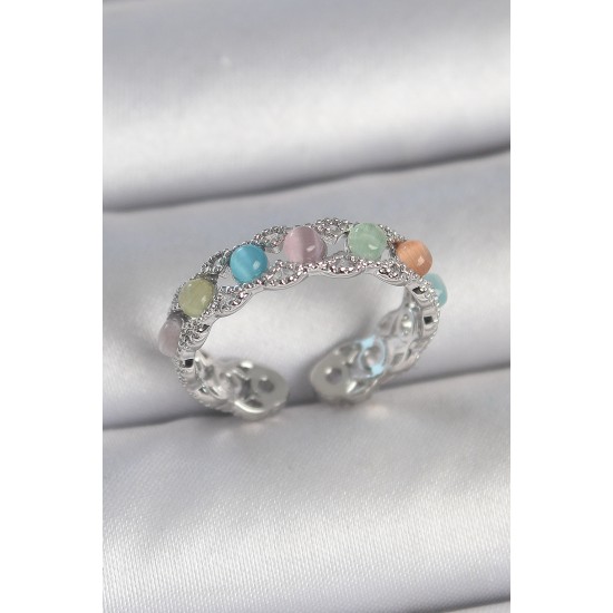 Pirinç Gümüş Renk Renkli Mineli Ayarlanabilir Kadın Yüzük - TJ-BYK3746