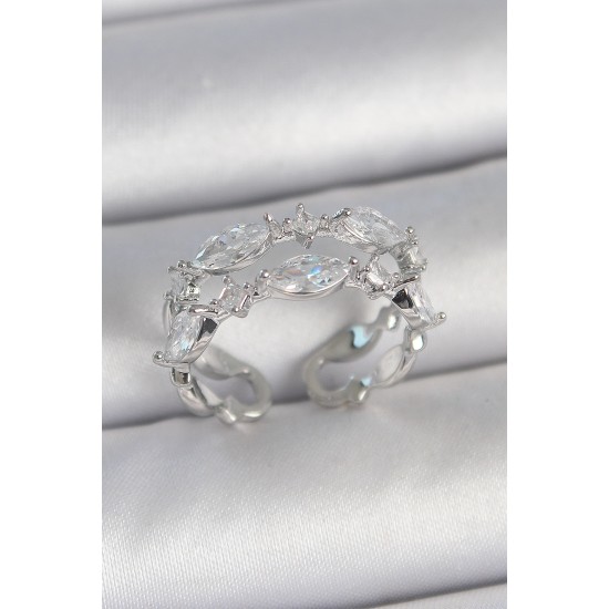 Pirinç Gümüş Renk 2'Li Damla Zirkon Taşlı Ayarlanabilir Kadın Yüzük - TJ-BYK3748