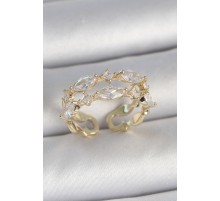 Pirinç Gold Renk 2'Li Damla Zirkon Taşlı Ayarlanabilir Kadın Yüzük - TJ-BYK3749