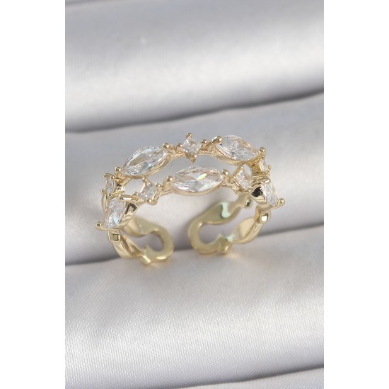 Pirinç Gold Renk 2'Li Damla Zirkon Taşlı Ayarlanabilir Kadın Yüzük - TJ-BYK3749