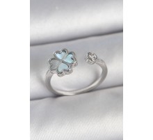 Pirinç Gümüş Renk Mavi Mineli Yonca Model Zirkon Taş Detay Ayarlanabilir Kadın Yüzük - TJ-BYK3750