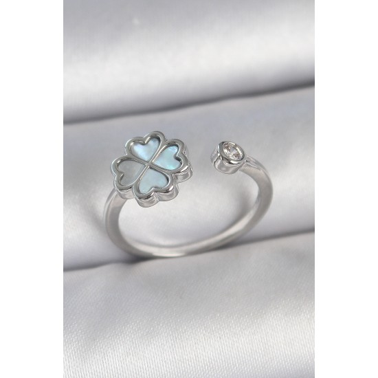 Pirinç Gümüş Renk Mavi Mineli Yonca Model Zirkon Taş Detay Ayarlanabilir Kadın Yüzük - TJ-BYK3750