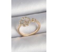 Pirinç Gold Renk Beyaz Mineli Yonca Model Zirkon Taş Detay Ayarlanabilir Kadın Yüzük - TJ-BYK3751