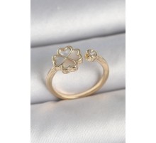 Pirinç Gold Renk Beyaz Mineli Yonca Model Zirkon Taş Detay Ayarlanabilir Kadın Yüzük - TJ-BYK3751