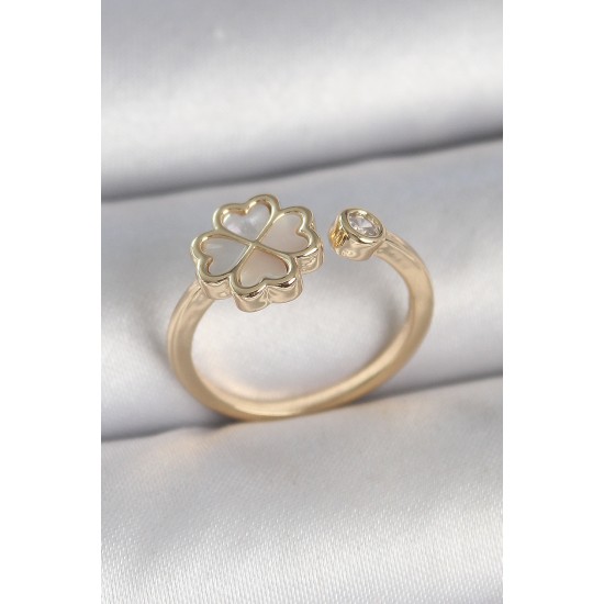 Pirinç Gold Renk Beyaz Mineli Yonca Model Zirkon Taş Detay Ayarlanabilir Kadın Yüzük - TJ-BYK3751
