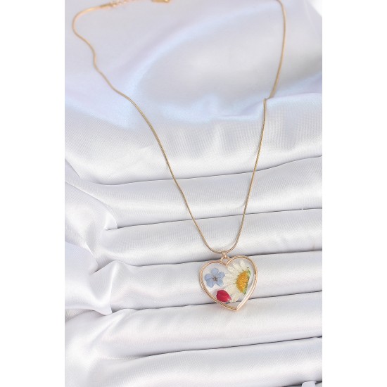 316L Çelik Gold Renk Zincir Kalp Epoksi Çiçek Model Kadın Kolye - TJ-BKO10064