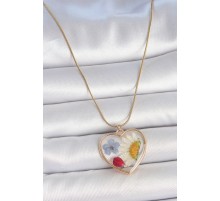 316L Çelik Gold Renk Zincir Kalp Epoksi Çiçek Model Kadın Kolye - TJ-BKO10064