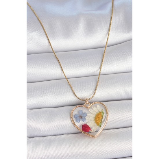 316L Çelik Gold Renk Zincir Kalp Epoksi Çiçek Model Kadın Kolye - TJ-BKO10064