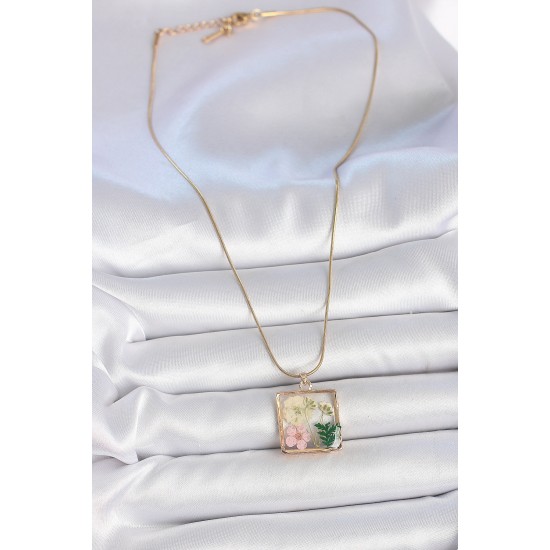 316L Çelik Gold Renk Zincir Kare Epoksi Çiçek Model Kadın Kolye - TJ-BKO10065