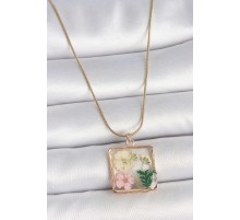 316L Çelik Gold Renk Zincir Kare Epoksi Çiçek Model Kadın Kolye - TJ-BKO10065