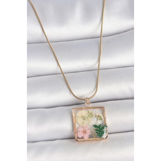 316L Çelik Gold Renk Zincir Kare Epoksi Çiçek Model Kadın Kolye - TJ-BKO10065