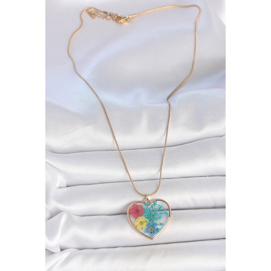 316L Çelik Gold Renk Zincir Kalp Epoksi Renkli Çiçek Model Kadın Kolye - TJ-BKO10066