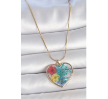 316L Çelik Gold Renk Zincir Kalp Epoksi Renkli Çiçek Model Kadın Kolye - TJ-BKO10066