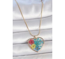 316L Çelik Gold Renk Zincir Kalp Epoksi Renkli Çiçek Model Kadın Kolye - TJ-BKO10066