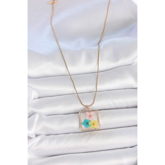 316L Çelik Gold Renk Zincir Kare Epoksi Renkli Çiçek Model Kadın Kolye - TJ-BKO10067