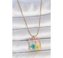 316L Çelik Gold Renk Zincir Kare Epoksi Renkli Çiçek Model Kadın Kolye - TJ-BKO10067