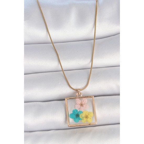 316L Çelik Gold Renk Zincir Kare Epoksi Renkli Çiçek Model Kadın Kolye - TJ-BKO10067