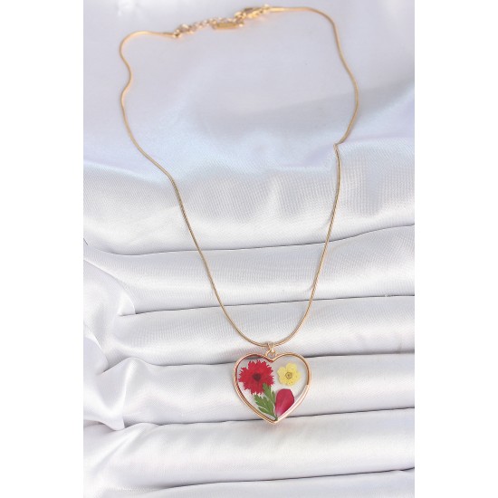 316L Çelik Gold Renk Zincir Epokis Kalp Doğal Çiçek Model Kadın Kolye - TJ-BKO10068