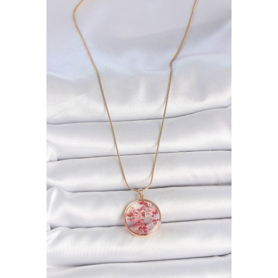 316L Çelik Gold Renk Zincir Epoksi Doğal Çiçek Model Kadın Kolye - TJ-BKO10069