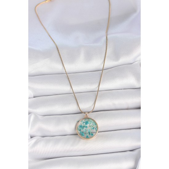 316L Çelik Gold Renk Zincir Daire Epoksi Mavi Çiçek Yaprak Model Kadın Kolye - TJ-BKO10070