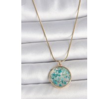 316L Çelik Gold Renk Zincir Daire Epoksi Mavi Çiçek Yaprak Model Kadın Kolye - TJ-BKO10070