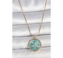 316L Çelik Gold Renk Zincir Daire Epoksi Mavi Çiçek Yaprak Model Kadın Kolye - TJ-BKO10070