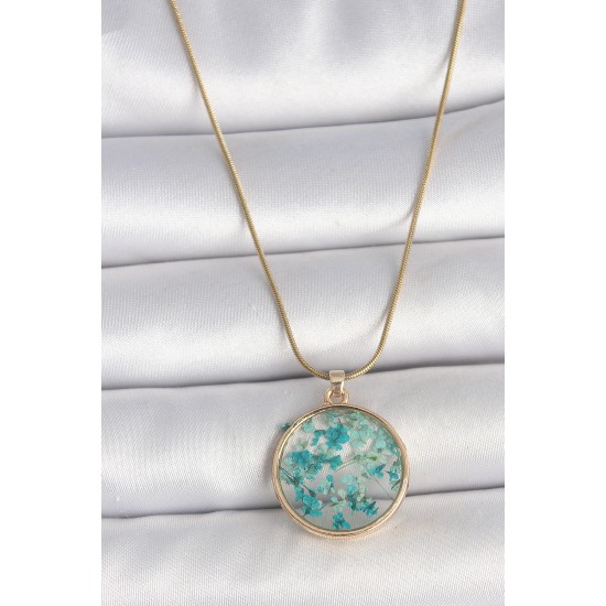 316L Çelik Gold Renk Zincir Daire Epoksi Mavi Çiçek Yaprak Model Kadın Kolye - TJ-BKO10070
