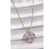 316L Çelik Gold Renk Zincir Daire Eposki Mor Çiçek Model Kadın Kolye - TJ-BKO10071
