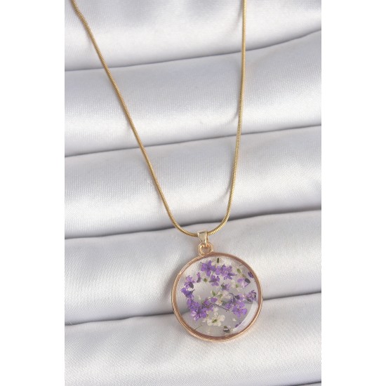 316L Çelik Gold Renk Zincir Daire Eposki Mor Çiçek Model Kadın Kolye - TJ-BKO10071