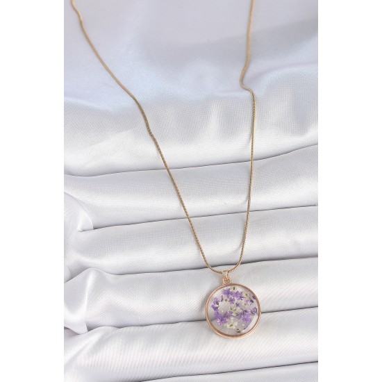 316L Çelik Gold Renk Zincir Daire Eposki Mor Çiçek Model Kadın Kolye - TJ-BKO10071