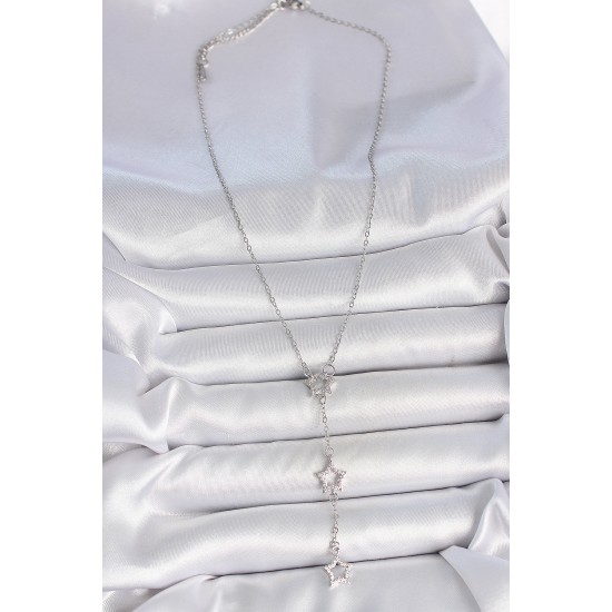 316L Çelik Gümüş Renk Zincir Zirkon Taşlı Yıldız Y Model Kadın Kolye - TJ-BKO10072