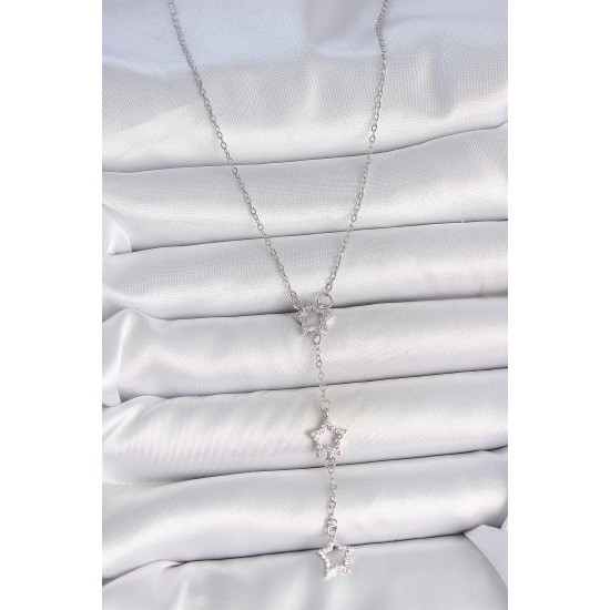 316L Çelik Gümüş Renk Zincir Zirkon Taşlı Yıldız Y Model Kadın Kolye - TJ-BKO10072