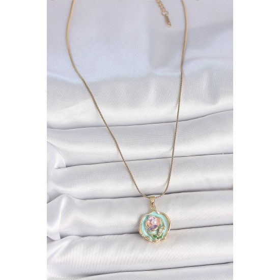 316L Çelik Gold Renk Zincir Turkuaz Pembe Mor Çiçek İşlemeli İnci Detay Portre Model Kadın Kolye - TJ-BKO10073