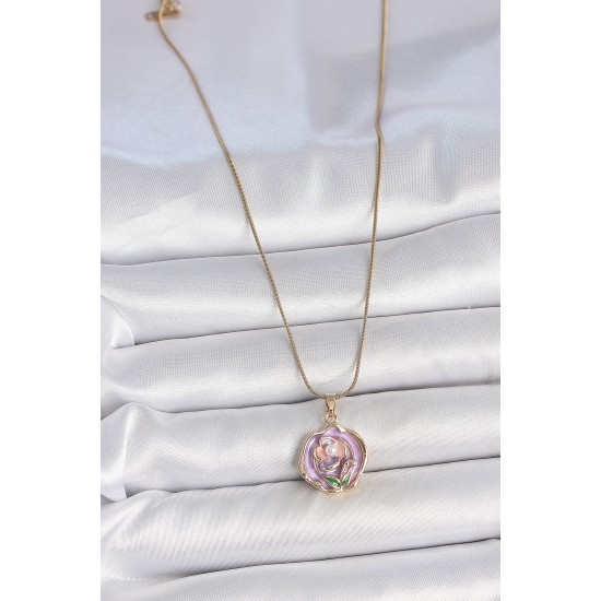 316L Çelik Gold Renk Zincir Mor Renkli Çiçek İşlemeli İnci Detay Portre Model Kadın Kolye - TJ-BKO10074