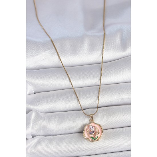 316L Çelik Gold Renk Zincir Pembe Renkli Çiçek İşlemeli İnci Detay Portre Model Kadın Kolye - TJ-BKO10075