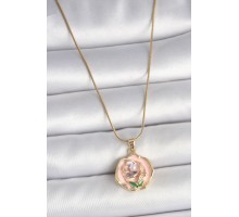 316L Çelik Gold Renk Zincir Pembe Renkli Çiçek İşlemeli İnci Detay Portre Model Kadın Kolye - TJ-BKO10075