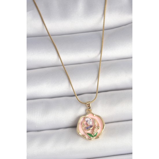 316L Çelik Gold Renk Zincir Pembe Renkli Çiçek İşlemeli İnci Detay Portre Model Kadın Kolye - TJ-BKO10075