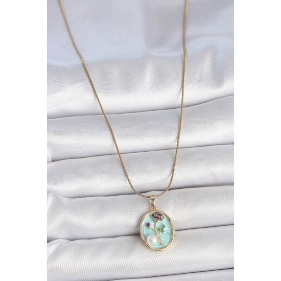 316L Çelik Gold Renk Zincir Mavi Çiçek İşlemeli İnci Detay Portre Model Kadın Kolye - TJ-BKO10076