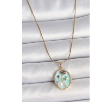 316L Çelik Gold Renk Zincir Mavi Çiçek İşlemeli İnci Detay Portre Model Kadın Kolye - TJ-BKO10076