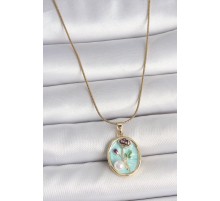316L Çelik Gold Renk Zincir Mavi Çiçek İşlemeli İnci Detay Portre Model Kadın Kolye - TJ-BKO10076