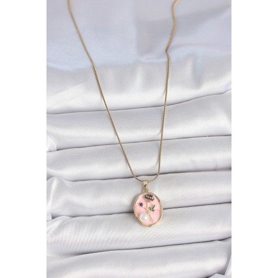 316L Çelik Gold Renk Zincir Pembe Çiçek İşlemeli İnci Detay Portre Model Kadın Kolye - TJ-BKO10077