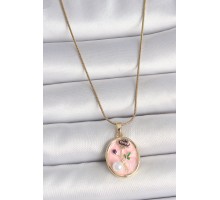 316L Çelik Gold Renk Zincir Pembe Çiçek İşlemeli İnci Detay Portre Model Kadın Kolye - TJ-BKO10077