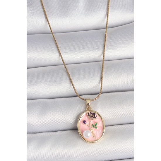 316L Çelik Gold Renk Zincir Pembe Çiçek İşlemeli İnci Detay Portre Model Kadın Kolye - TJ-BKO10077