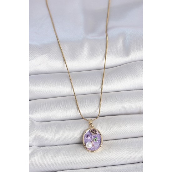 316L Çelik Gold Renk Zincir Mor Çiçek İşlemeli İnci Detay Portre Model Kadın Kolye - TJ-BKO10078