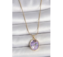 316L Çelik Gold Renk Zincir Mor Çiçek İşlemeli İnci Detay Portre Model Kadın Kolye - TJ-BKO10078