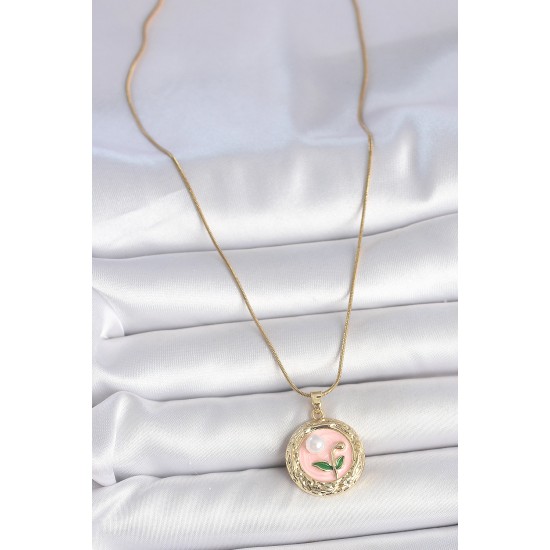 316L Çelik Gold Renk Zincir Pembe Çiçek İşlemeli inci Detay Portre Model Kadın Kolye - TJ-BKO10079