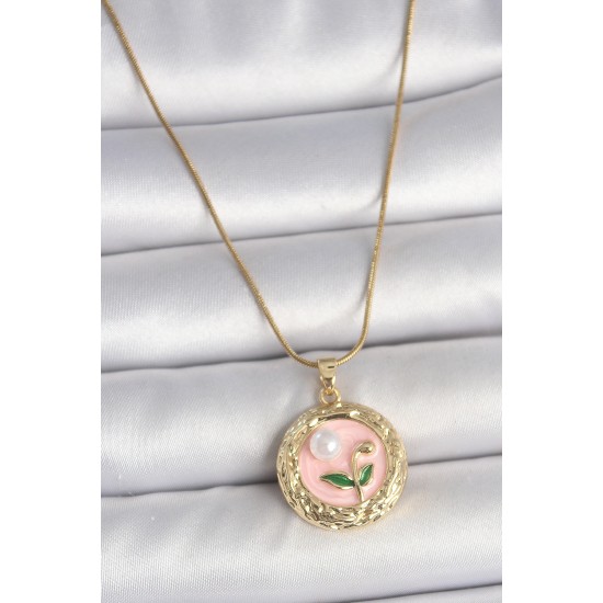 316L Çelik Gold Renk Zincir Pembe Çiçek İşlemeli inci Detay Portre Model Kadın Kolye - TJ-BKO10079