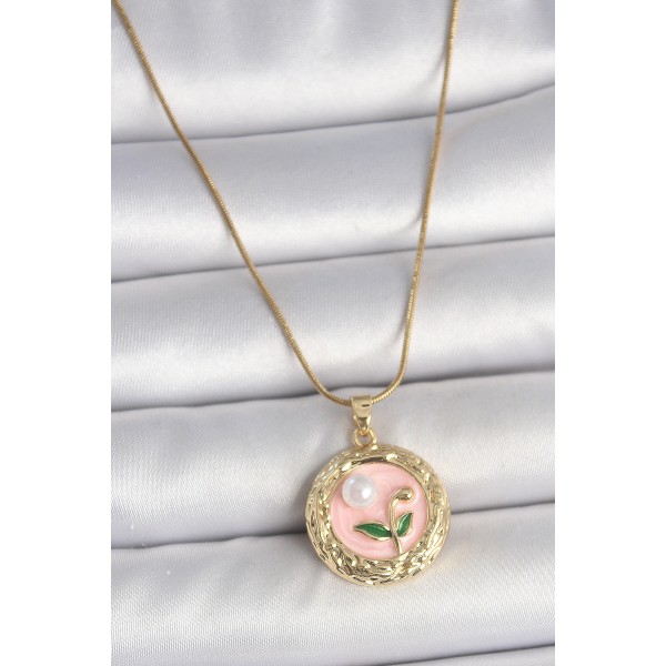 316L Çelik Gold Renk Zincir Pembe Çiçek İşlemeli inci Detay Portre Model Kadın Kolye - TJ-BKO10079