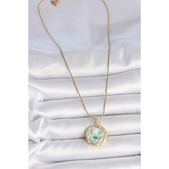 316L Çelik Gold Renk Zincir Mavi Çiçek İşlmeli İnci Detay Portre Model Kadın Kolye - TJ-BKO10080